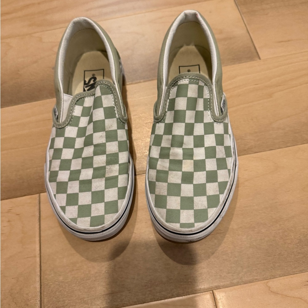 Vans Green and White Checkered Slip-On Sneakers